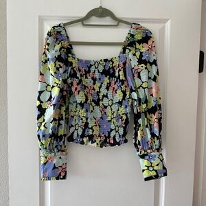 NWOT Womens Free People Ariana Smocked Balloon Sleeve Floral Blouse